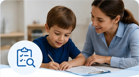 A child working with a supportive adult during an assessment activity