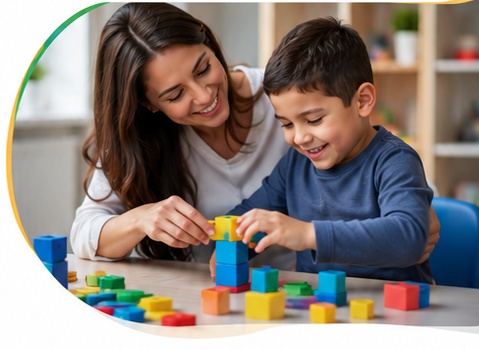 A parent and child playing with colorful building blocks together