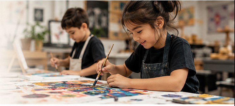 Children painting at a table in a bright creative studio