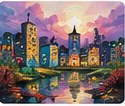 A colorful painting of a city skyline at sunset