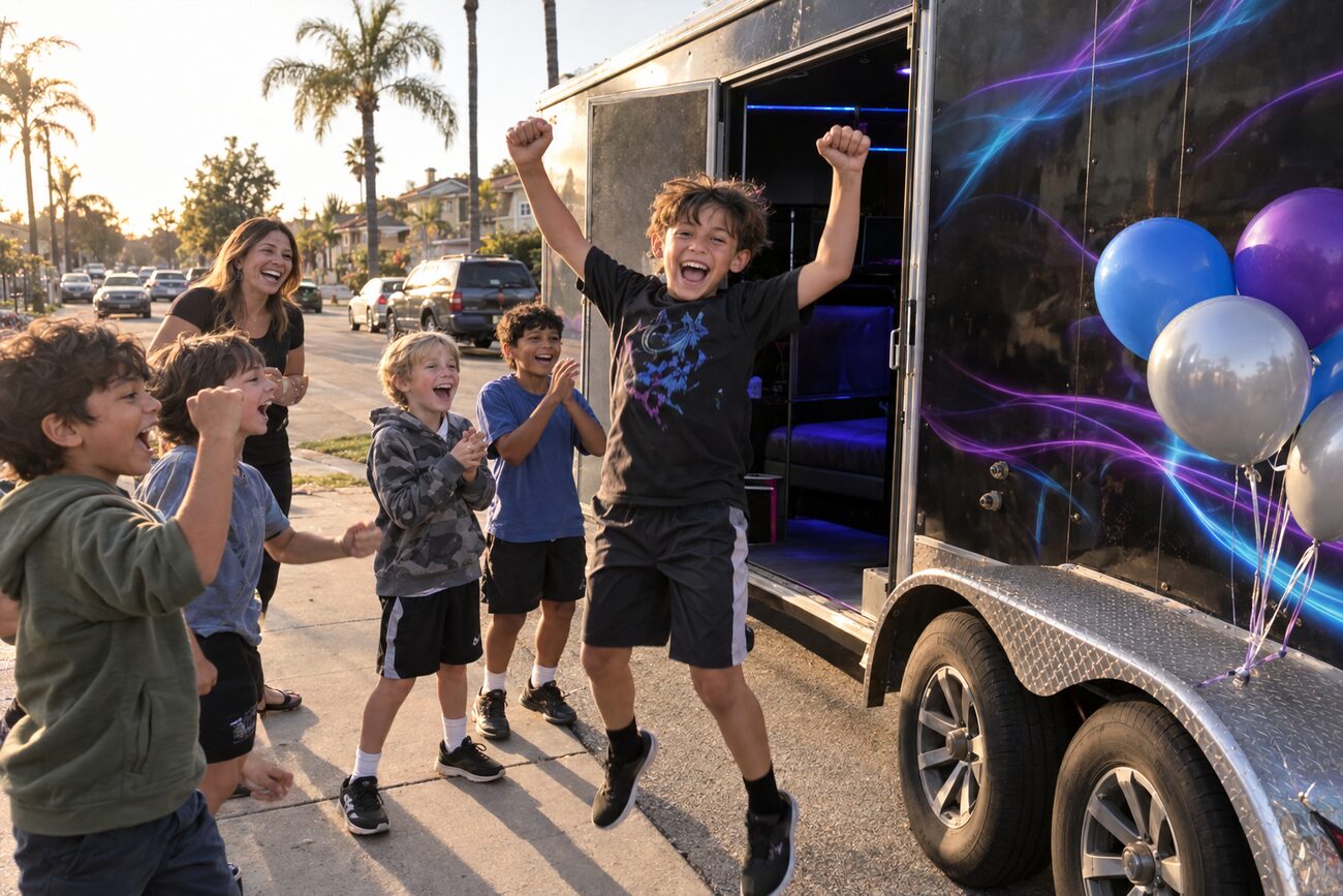A birthday boy celebrating with friends next to the GameThrilla truck