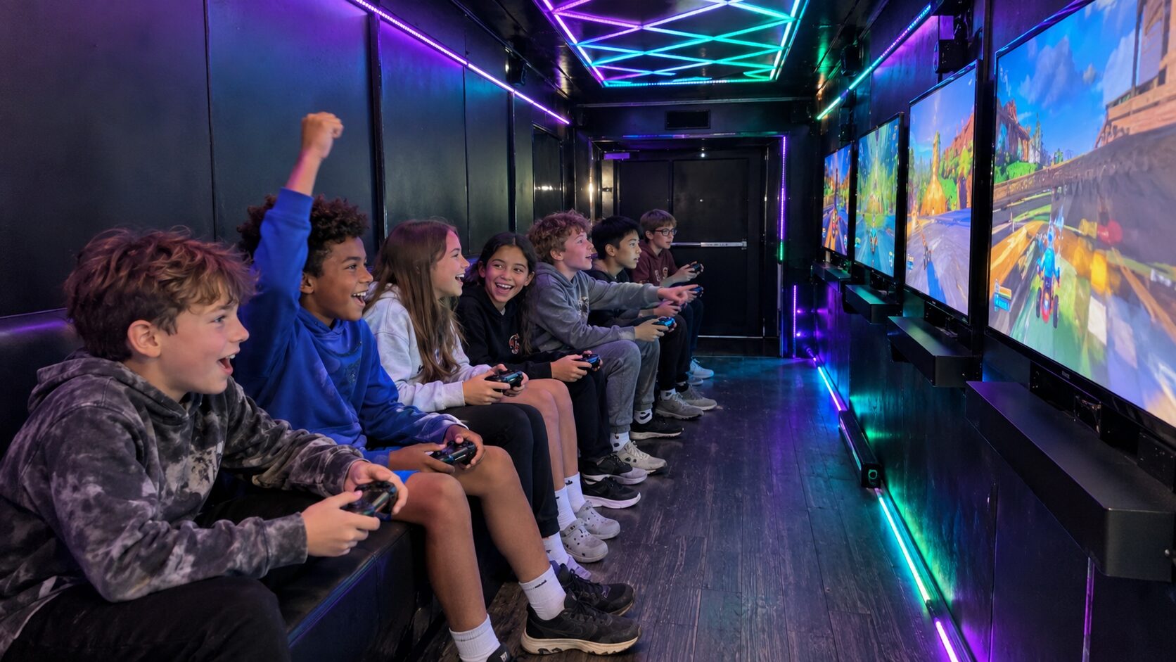 Kids cheering and playing video games inside the GameThrilla mobile game theater