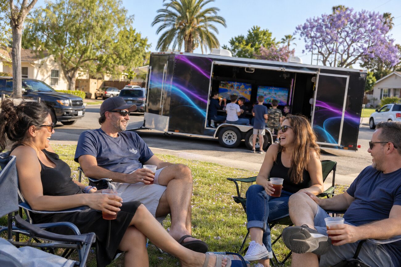 Parents relaxing on a lawn while kids play at the GameThrilla truck