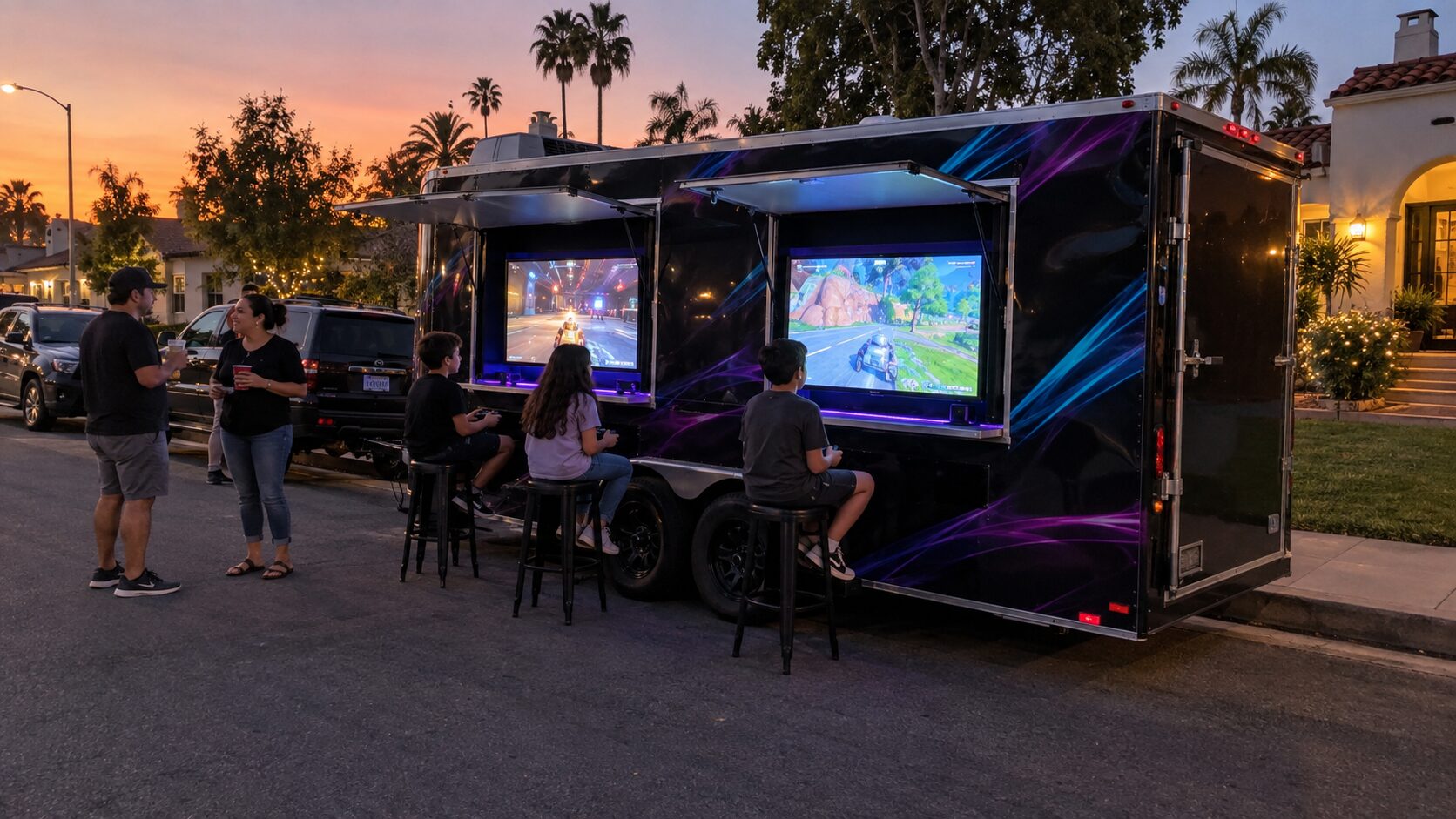 The GameThrilla game trailer parked on a Los Angeles street at sunset with kids playing on the exterior screens