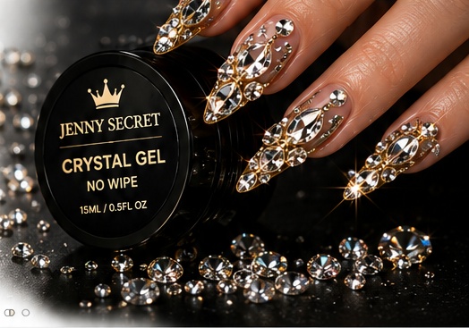 Manicured nails with crystal gel and bling detailing
