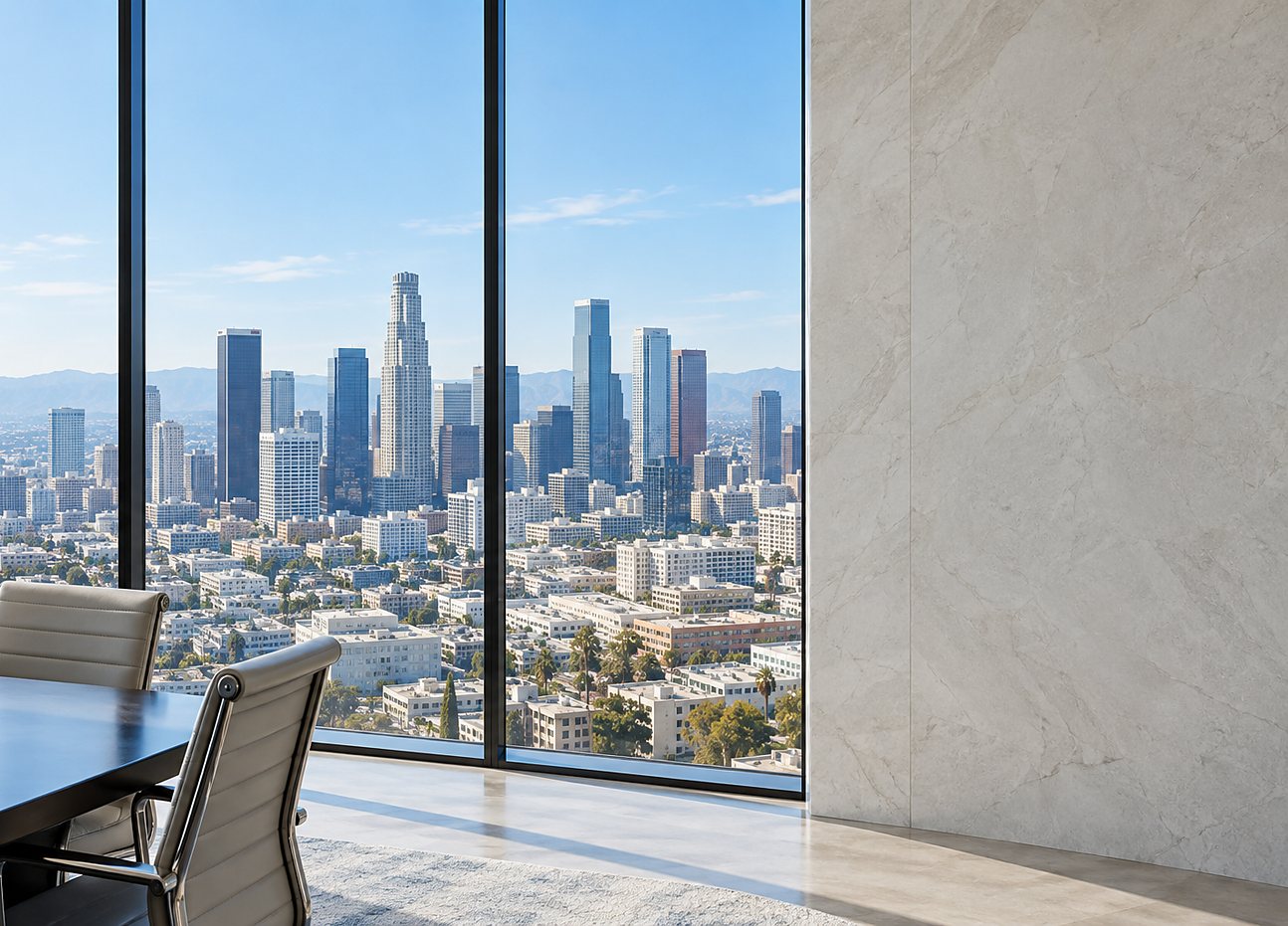 A conference room overlooking the downtown Los Angeles skyline