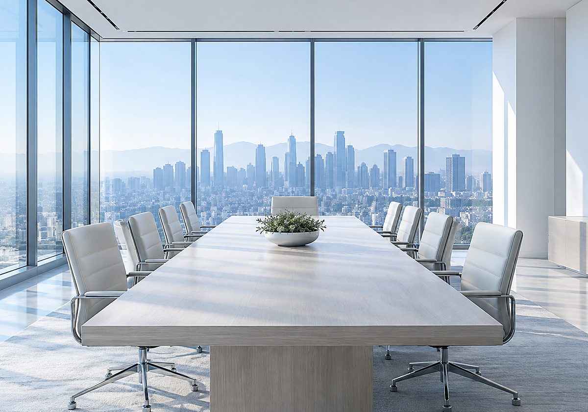 An empty boardroom on a high floor overlooking a city skyline