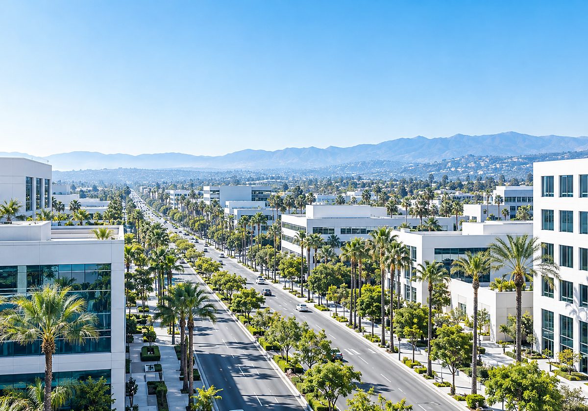 A tree-lined Southern California office boulevard on a clear day