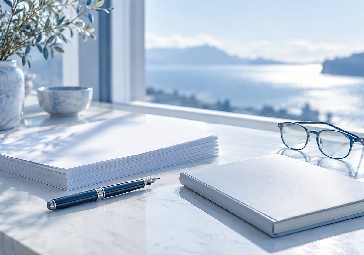 A notebook, pen and reading glasses on a desk beside a bright window