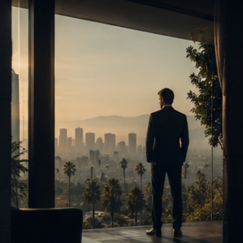 A view over the Los Angeles skyline at dusk from a hillside office