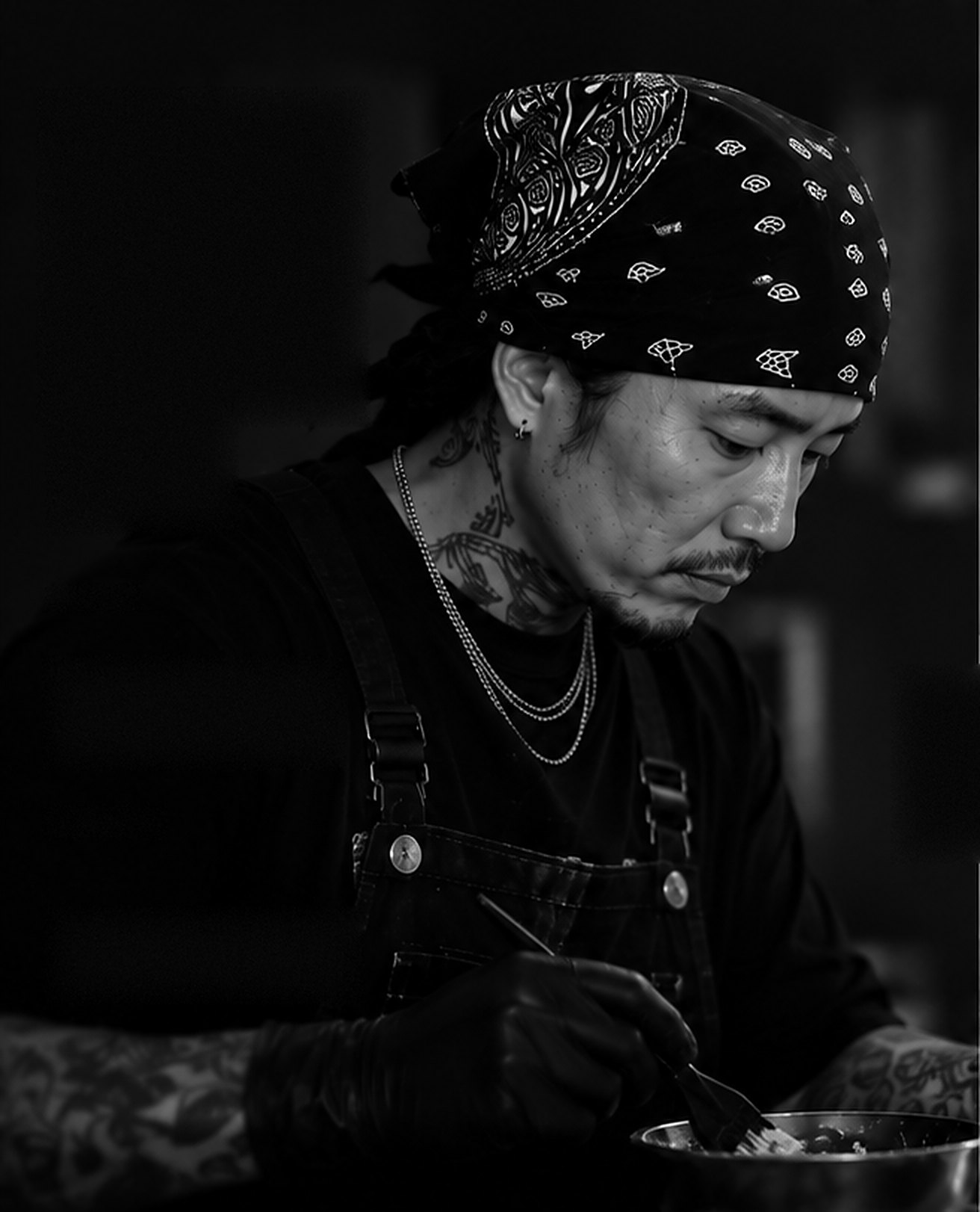 Linh in his bandana, mixing lightener in a bowl
