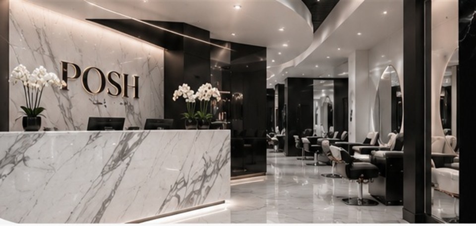 The POSH Nail Lounge interior: marble reception desk, orchids and pedicure chairs