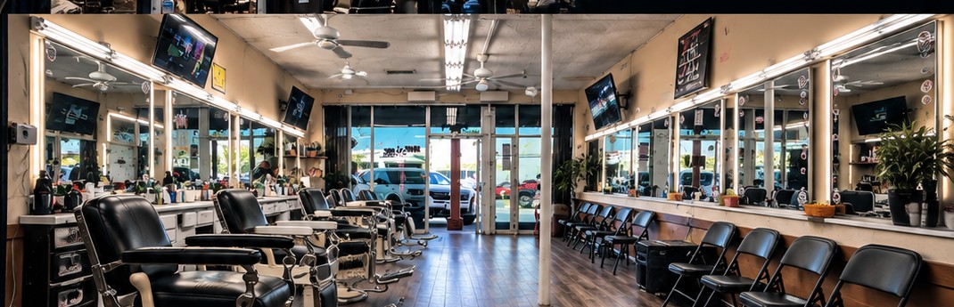 Inside Rio's Barbershop — barber chairs, mirrors and waiting seats.