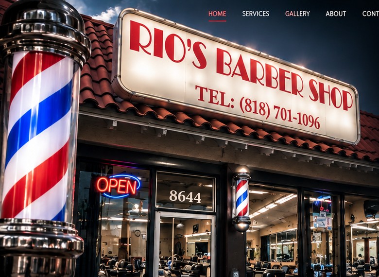 Rio's Barber Shop storefront at night in Northridge, California, with a lit sign and barber pole.