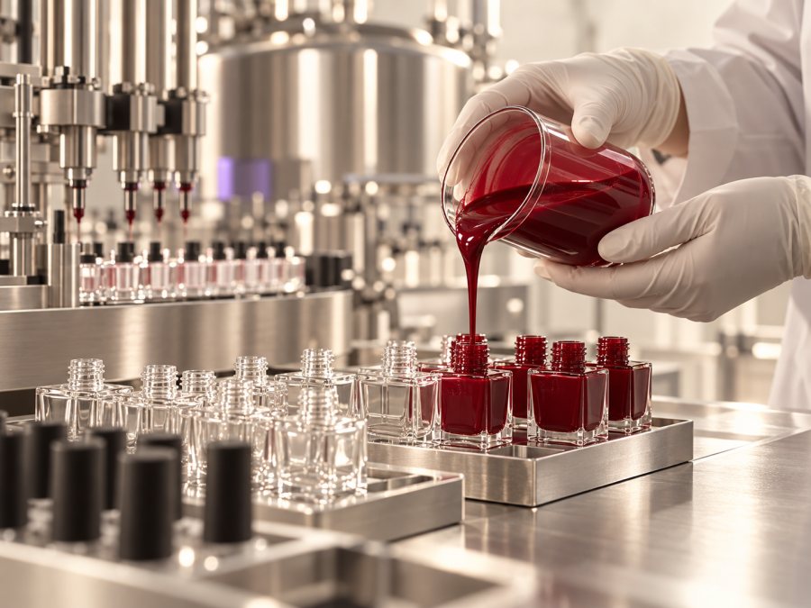 Crimson gel being poured from a beaker into empty glass bottles on the filling line