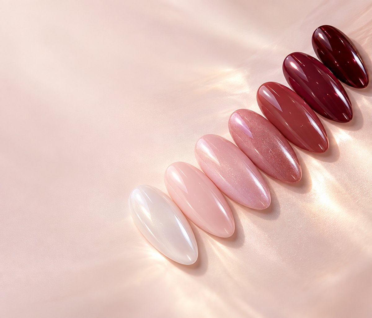 A row of almond nails in wine red, blush and nude gel polish