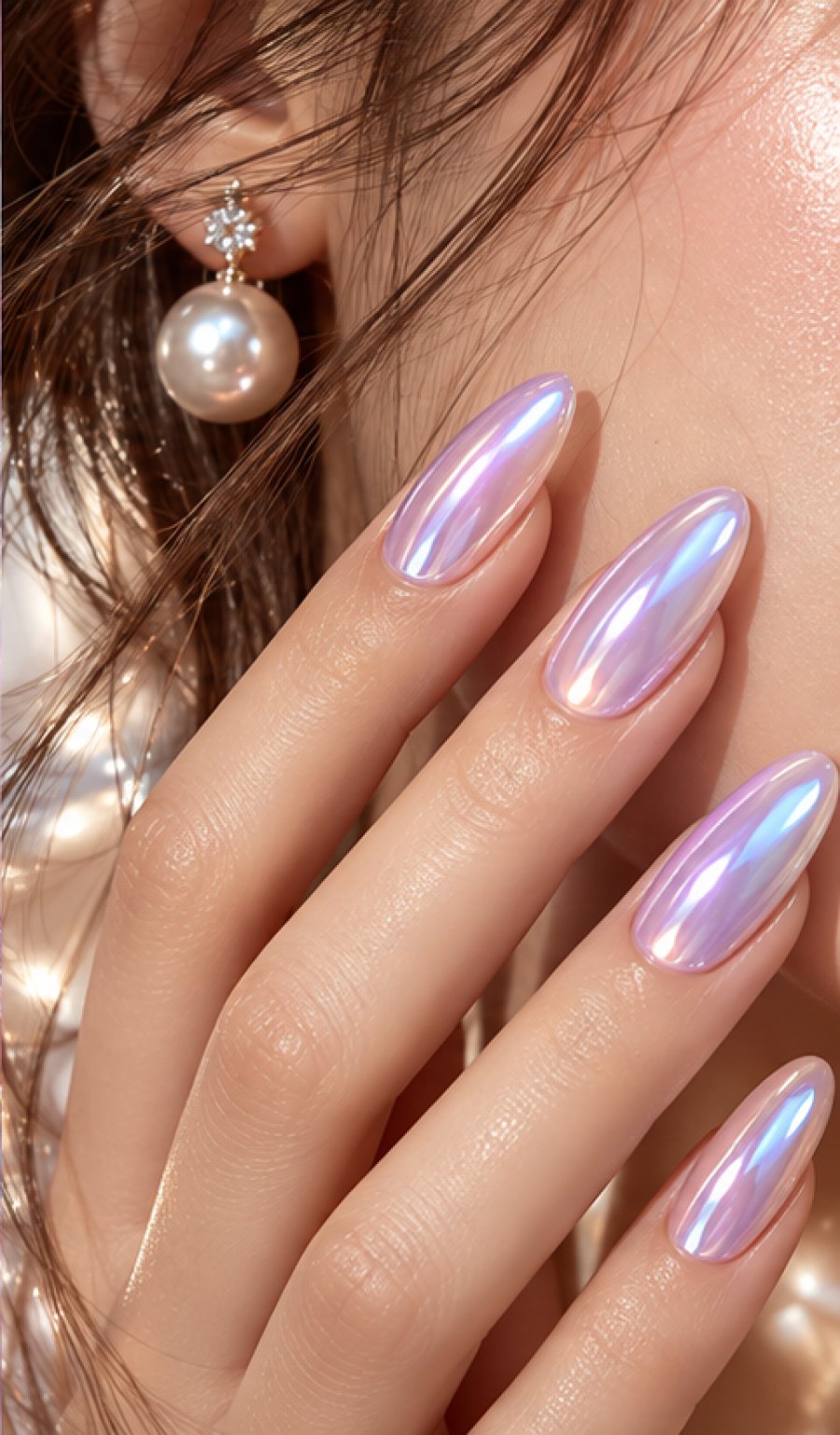 A hand with pearl chrome gel nails resting against loose hair