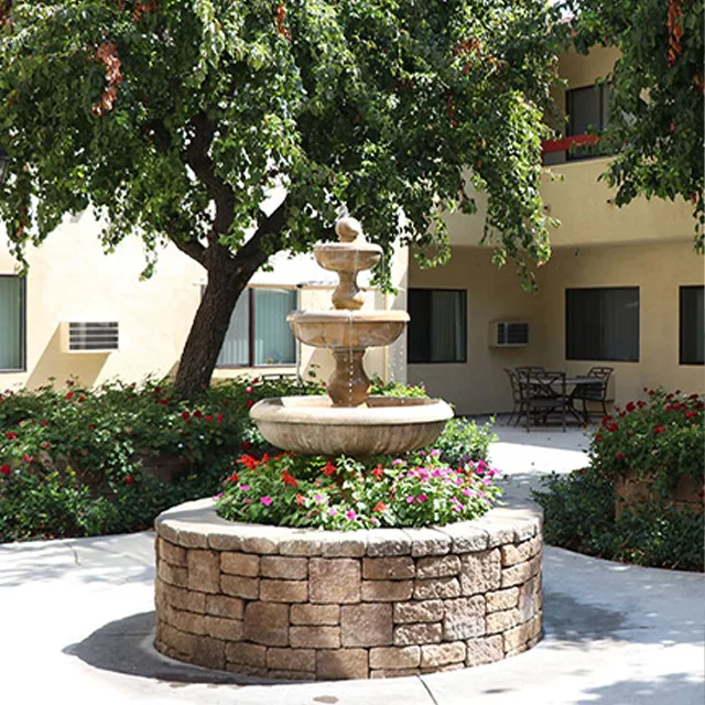The garden fountain and flower beds