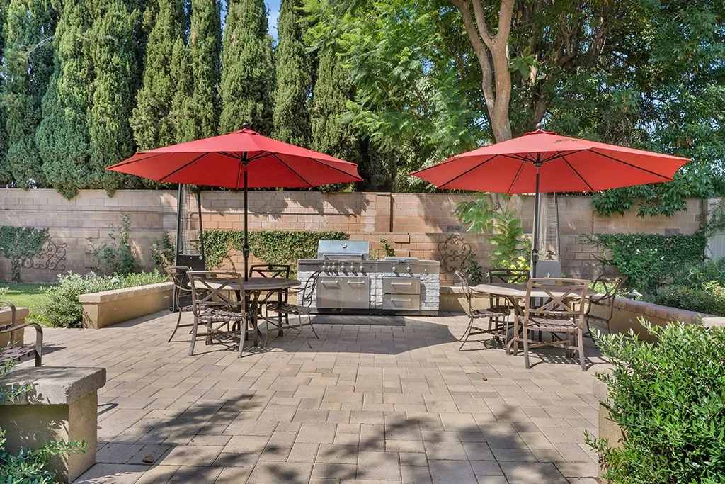 The paved patio at Valley Silvertown with umbrella tables and planted borders