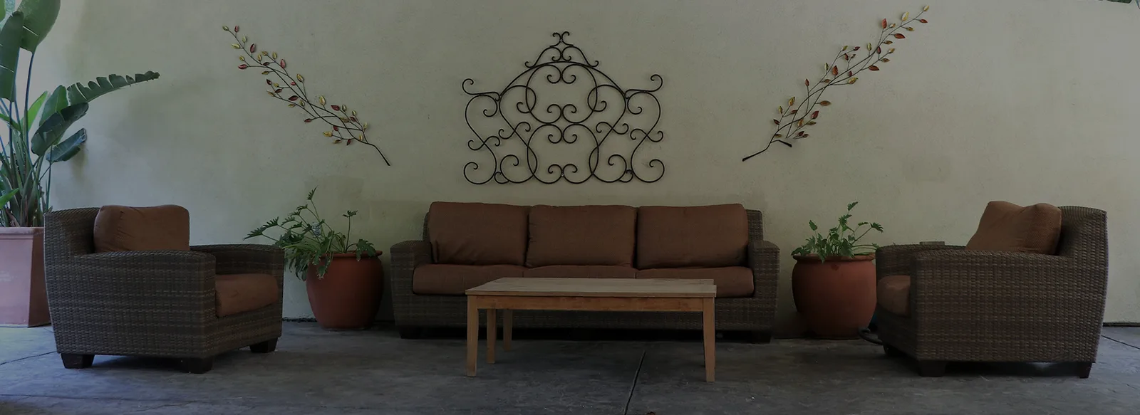 A long lounge with sofas and potted plants